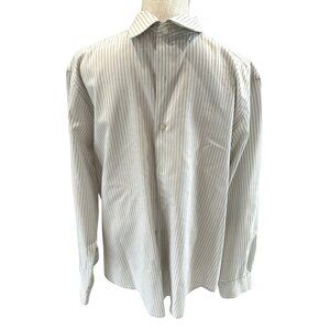 Alfani White/Gray Striped Mens Dress Shirt Fitted Stretch 16.5 34/35 L